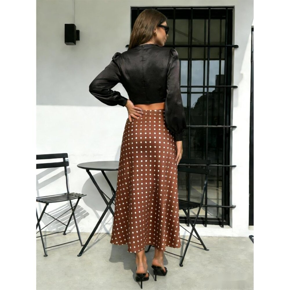 Women's Brown Waisted Long Silky Polka Dots A Line Flowing Elegant Midi Skirt - Picture 2 of 6